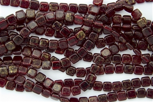 CzechMates 6mm Tiles Czech Glass Beads - Gold Marbled Ruby Red T99