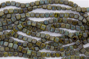 CzechMates 6mm Tiles Czech Glass Beads - Opaque Olive Picasso T115
