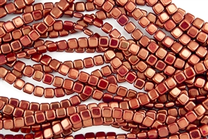 CzechMates 6mm Tiles Czech Glass Beads - Bronze Luster Iris - Opaque Red T139