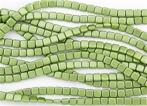 CzechMates 6mm Tiles Czech Glass Beads - Olive Green Pearl Coat T166