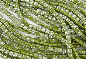 CzechMates 6mm Tiles Czech Glass Beads - Opaque Olive Peacock T214