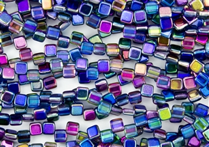 6mm Two-Hole Tiles Czech Glass Beads - Magic Blue Pink