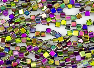 6mm Two-Hole Tiles Czech Glass Beads - Magic Violet Green