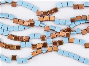 6mm Two-Hole Tiles Czech Glass Beads - Aqua Apollo