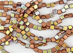 6mm Two-Hole Tiles Czech Glass Beads - Copper Metallic AB Matte