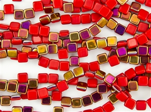 6mm Two-Hole Tiles Czech Glass Beads - Coral Red Sliperit