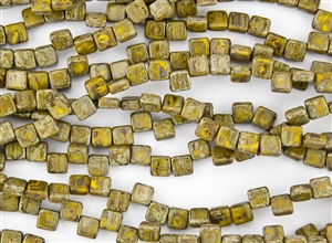 6mm Two-Hole Tiles Czech Glass Beads - Yellow Picasso