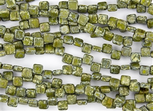 6mm Two-Hole Tiles Czech Glass Beads - Olive Picasso