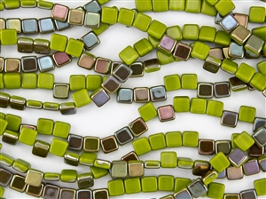 6mm Two-Hole Tiles Czech Glass Beads - Opaque Olive Celsian