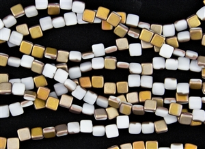 6mm Two-Hole Tiles Czech Glass Beads - Frosted Chalk Capri Gold