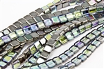 6mm Two-Hole Tiles Czech Glass Beads - Crystal Graphite Rainbow