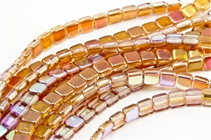 6mm Two-Hole Tiles Czech Glass Beads - Crystal Orange Rainbow