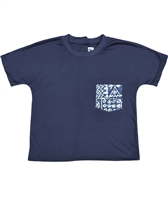 Front entry stretchy polycotton knit back-open tees in navy, charcoal, and black with a print pocket in 3 designs, blue batik, jewels, blue galaxy. Back open! Excellent post surgery, or for those with immobile or weak arms - Adaptive Wheelchair Clothing