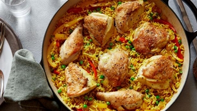 Historic Lynchburg Greek Baked Chicken with Sweet Peppers and Yellow Rice