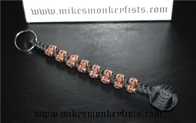 Custom Monkey Fist Keychain with 16 Metal Skull Beads