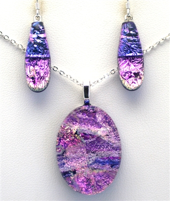 Maui Rainbow Jewelry. Handmade dichroic glass earrings and pendant. Purple and pink sparkle on cobalt glass