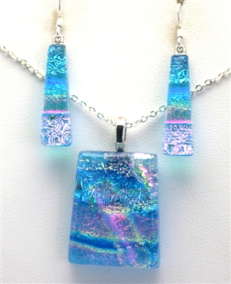 Hawaii fused glass jewelry.  Handmade on Maui. Pendant and Earrings. Ocean and pink sparkle with rainbow on turquoise glass.