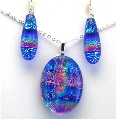 Hawaii fused glass jewelry.  Handmade on Maui. Pendant and Earrings. Ocean and pink sparkle with rainbow on cobalt glass.