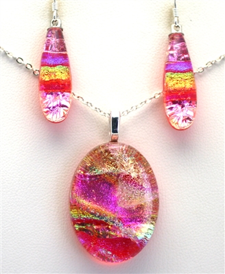 Hawaii fused glass jewelry.  Handmade on Maui. Pendant and Earrings. Pink sparkle with rainbow on coral glass.