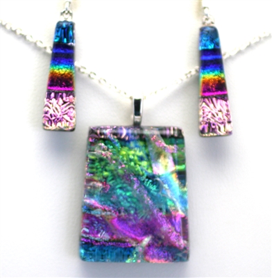 Hawaii fused glass jewelry.  Handmade on Maui. Pendant and Earrings. Ocean and sparkle with rainbow on black glass.