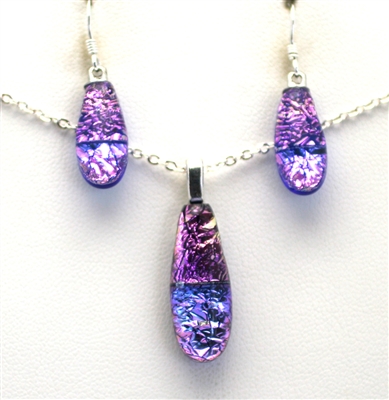 Hawaii fused glass jewelry.  Handmade on Maui. Pendant and Earrings. Purple and pink sparkle on cobalt glass.
