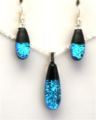 Hawaii fused glass jewelry.  Handmade on Maui. Pendant and Earrings. Ocean sparkle on black glass.