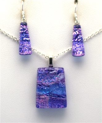 Hawaii fused glass jewelry.  Handmade on Maui. Pendant and Earrings. Purple sparkle on cobalt glass.