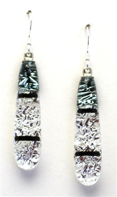 Handmade on Maui. Long oval earrings. Silver sparkle on white and black glass