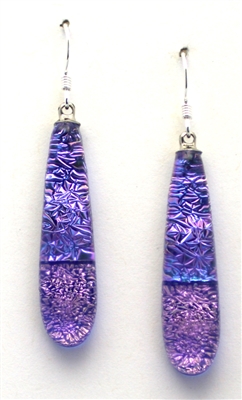 Handmade on Maui. Purple sparkle glass earrings on cobalt glass. Cobalt glass.