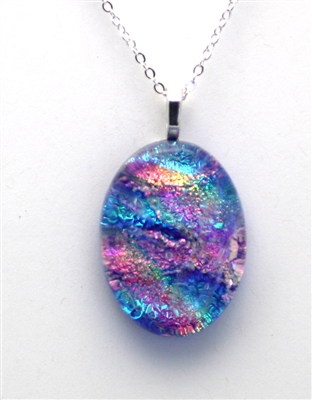 Dichroic glass pendant. Purple, pink and ocean sparkle with rainbow highlights.