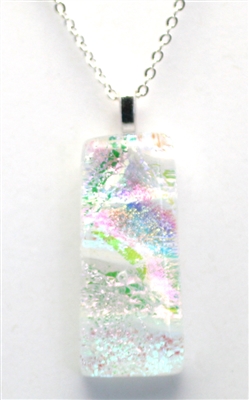 Dichroic glass pendant. Ocean, pink and rainbow sparkle on white glass. Handmade on Maui Hawaii fused glass