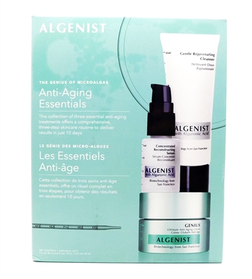 Algenist Anti-Aging Essentials: Gentle Rejuvenating Cleanser 1.5 Fl Oz., Concentrated Reconstructing Serum .5 Fl Oz., Genius Ultimate Anti-Aging Cream 1 Fl oz.