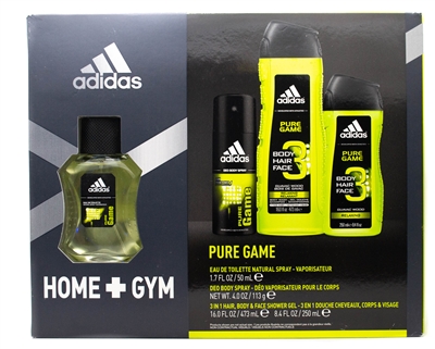 Adidas HOME+GYM Pure Game For Men 4 pc Set; Eau de Toilette Natural Spray 1.7 fl oz, Deodorant Body Spray 4 fl oz, 3 In 1 Hair, Body & Face Shower Gel 16 fl oz and 8.4 fl oz