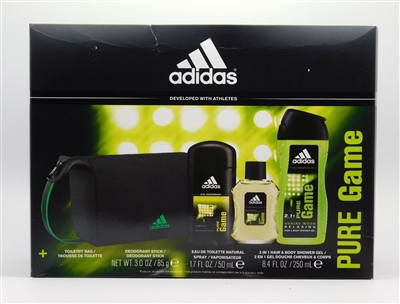 Adidas PURE GAME Set:  Eau de Toilette 1.7 Oz, Deo Body Spray 4 Oz, 2 in 1 Hair & Body Shower Gel 8.4 Oz Plus Toiletry Bag