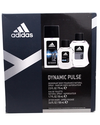 adidas DYNAMIC PULSE Set: Deodorant Body Fragrance Natural Spray 2.5 fl oz, Eau De Toilette Natural Spray  1.7 fl oz,  After-Shave 3.4 fl oz.