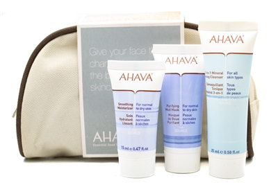 AHAVA  Dead Sea Essential Treatment Set;  Purifying Mud Mask 20ml, 3-in-1 Mineral Toner 25, Smoothing Moisturizer 15ml, Canvas Carrying Case