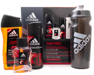 Adidas Team Force Gift Set with free Water Bottle; 3 In 1 Hair Body and Face Shower Gel  8.4 fl oz, Eau de Toilette Spray  1.7 fl oz, Deo Body Spray 4oz