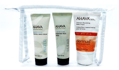 AHAVA Set: Deadsea Water Mineral Hand Cream .68 Fl Oz., Time To Clear Purifying Mud Mask .9 Oz., Intensive Nourishing Body Cream 1.3 Fl Oz.