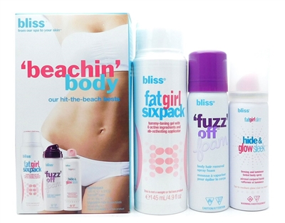 bliss Beachin Body Our Hit-The-Beach Bests: FatGirlSixPack 4.9 Fl Oz., FuzzOff Foam 2 Oz., FatGirlSlim Hide & Glow Seek 1 Oz.