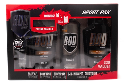 Bod BLACK Sport Pak;  Shave Gel 3 fl oz, Body Wash 8 fl oz, Body Spray 6oz, 2-in-1 Shampoo+Conditioner 8 fl oz and Bonus Phone Wallet