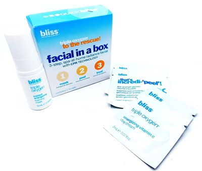 Bliss Facial in a Box: Triple Oxygen Instant Energizing Foaming Mask .3 Fl Oz., That's Incredi-peel! Spa-Strength Glycolic Resurfacing Pads 2 pads, Triple Oxygen Energizing Vitamin C Day Cream 2x .07 Fl Oz.