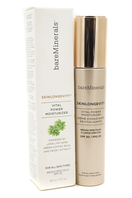 Bare Minerals SKINLONGEVITY Vital Power Moisturizer Powered by Long Life Herb Green Coffee Bean and Peony Extract  for All Skin Types, SPF30  1.7 fl oz