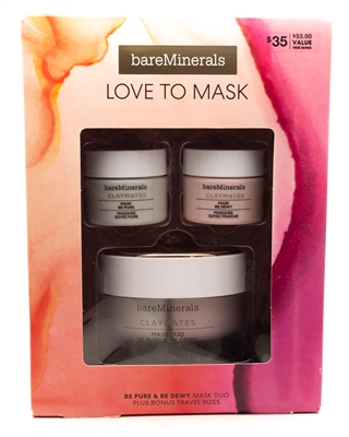 bare Minerals LOVE TO MASK Claymates Be Pure & Be Dewey Mask Duo (2.04oz each) plus Bonus Travel Sizes (.5oz each)