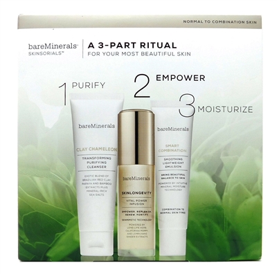 bareMinerals Skinsorials: Clay Chameleon Transforming Purifying Cleanser 1.7 Oz., Skinlongevity Vital Power Infusion 1 Fl Oz., Smart Combination Smoothing Lightweight Emulsion 1 Fl Oz.