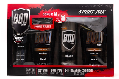 Bod Man BLACK Sport Pak;  Shave Gel 3 fl oz, Body Wash 8 fl oz, Body Spray 6oz, 2-in-1 Shampoo+Conditioner 8 fl oz and Bonus Phone Wallet