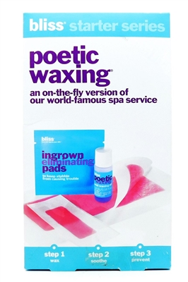 Bliss Poetic Waxing Set: Poetic Waxing Wax Strips 8 facial strips and 18 body strips, Azulene Oil .16 Fl Oz., Ingrown Eliminating Pads 3 pads