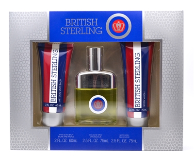 British Sterling Gift Set; After Shave Balm 2 fl oz, Cologne Spray 2.5 fl oz,  Body Wash 2.5 fl oz