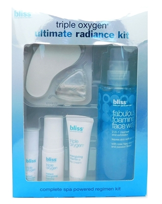 bliss Triple Oxygen Ultimate Radiance Kit: Foaming Wash 6.7 Fl Oz., Foaming Mask .34 Fl Oz., Day Cream .5 Fl Oz., Energizing Serum .16 Fl Oz., Eye Mask