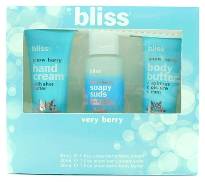 bliss Very Berry: Hand Cream 1 Fl oz., Soapy Suds 1 Fl Oz., Body Butter 1 Fl Oz.