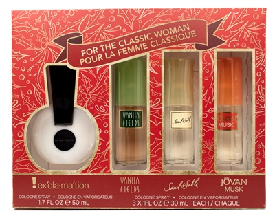 Coty Cologne Spray Collection for the Classic Woman : !Exclamation (1.7 fl oz), Vanilla Fields, Sand & Silk, Jovan Musk  (1 fl oz each)